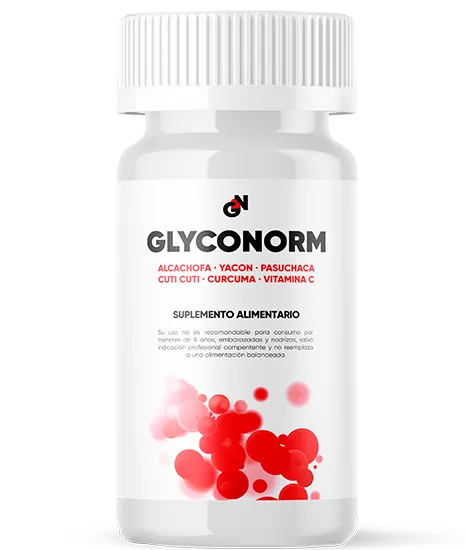 Frasco Glyconorm blanco con cápsulas para control glucémico — alcachofa, yacon, pasuchaca, cuti cuti, cúrcuma y vitamina C, 20 cápsulas