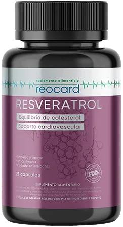 Frasco Reocard Resveratrol con suplemento cardiovascular de 21 cápsulas con CoQ10, magnesio, algas marinas, ácido fólico y ajo — equilibrio de colesterol y soporte cardiovascular